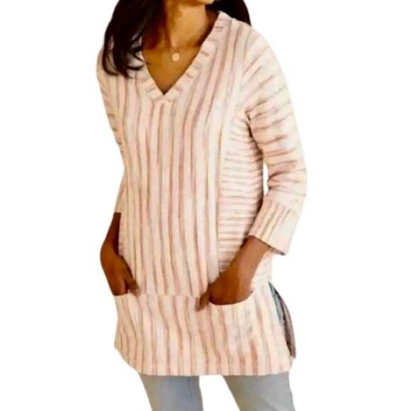 Soft Surroundings Briza Striped Knit V Neck Tunic in Orange/White Women’s L - Picture 1 of 7